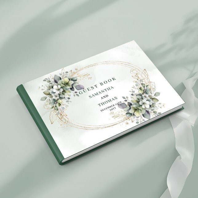 Libro de invitados de boda de eucalipto verde polv (Dusty Green Eucalyptus Gold Wedding Guest Book)