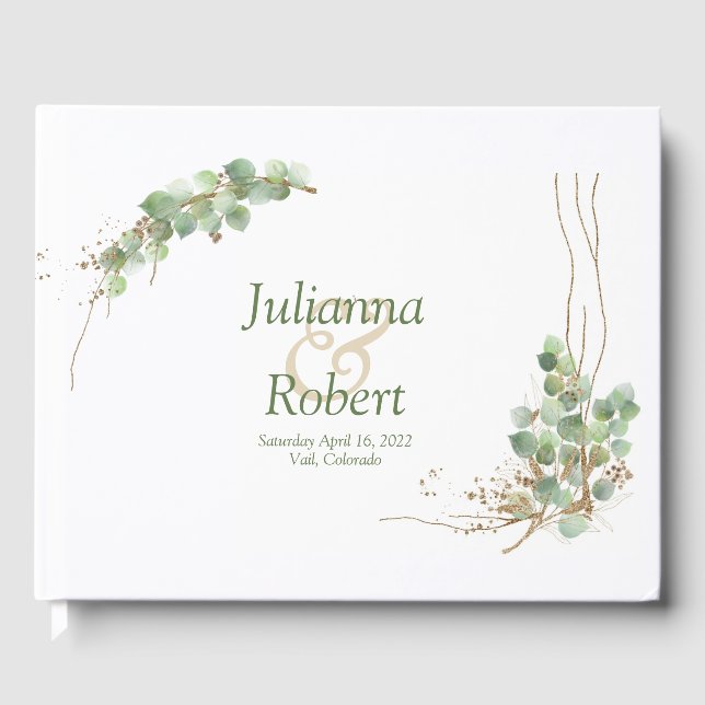 Libro de invitados de boda de eucalipto y oro (Anverso)