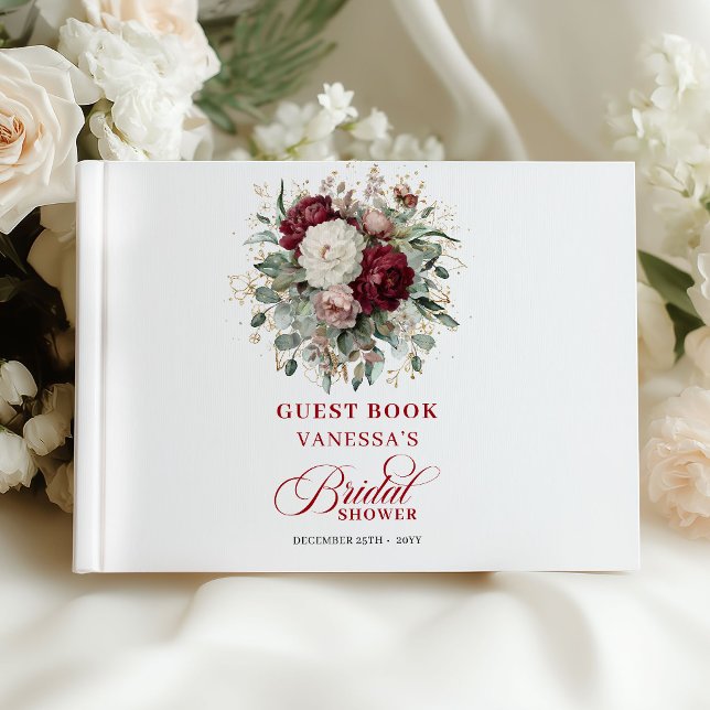 Libro de invitados de boda de flores de Borgoña el (Graceful Burgundy Floral Bridal Shower Guest Book)
