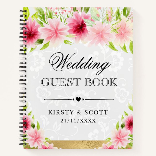 Libro de invitados de boda de flores rosadas al ac (Anverso)