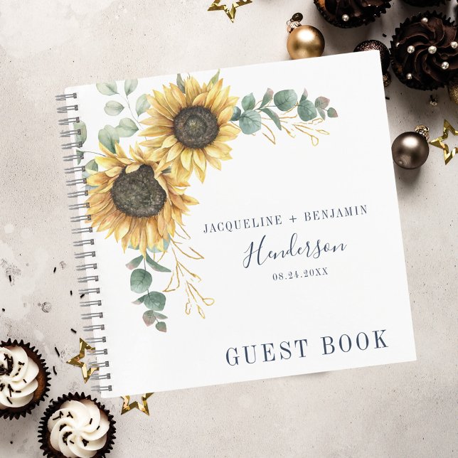 Libro de invitados de Boda de follaje Sunflower Eu (Sunflower Eucalyptus Greenery Floral Wedding Guest Book)