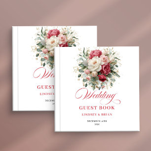 Libro de invitados de boda de lujo boho floral roj