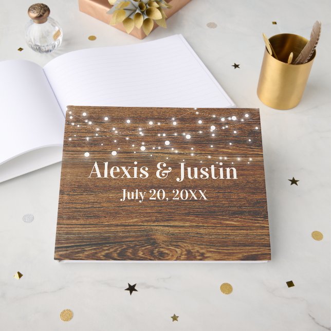 Libro de invitados de boda de madera de roble y lu (Anverso Abierto)