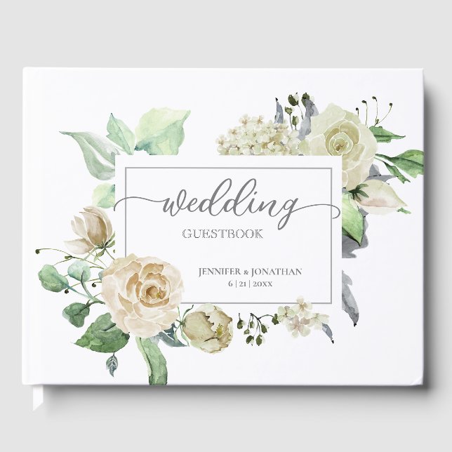 Libro de invitados de Boda de marco floral blanco  (Anverso)