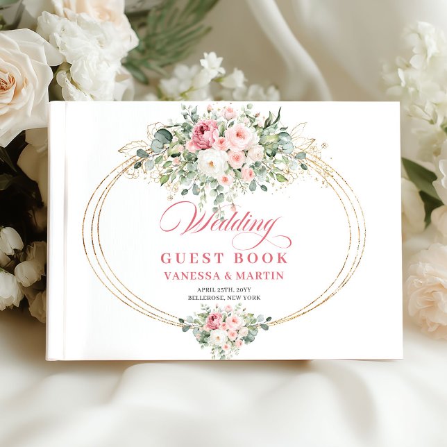 Libro de invitados de boda de rosas rosadas elegan (Blush pink flowers wedding guestbook,
Watercolor Soft pastel floral roses, 
bohemian boho romantic l)