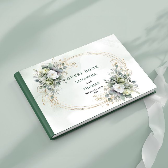Libro de invitados de boda dorado botánico verde p (Dusty Green Botanical Gold Wedding Guest Book)