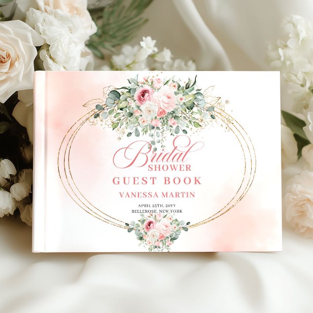 Libro de invitados de boda dorado con vegetación y (Timeless Blush Roses Greenery Gold Bridal Guest Book)