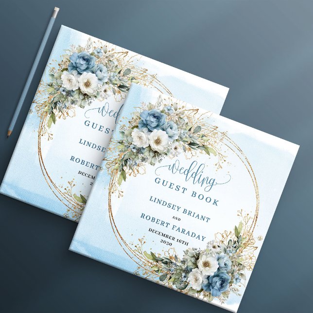 Libro de invitados de boda dorado floral azul polv (Bohemian Dusty Blue Floral Gold Wedding Guest Book)
