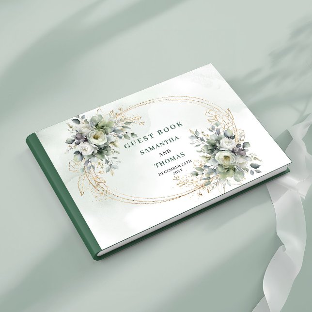 Libro de invitados de boda Dusty Green Botánico Or (Green Gold Botanical Dusty Green Wedding Guest Book)