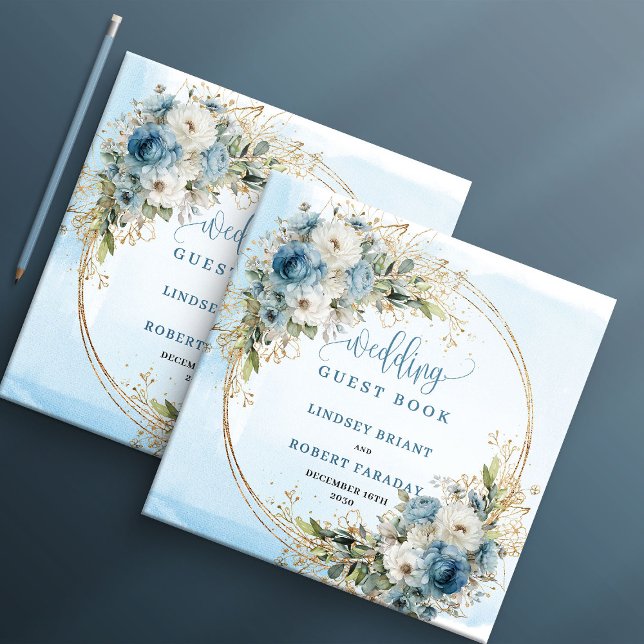 Libro de invitados de boda elegante con flores azu (Elegant Dusty Blue Flowers Gold Wedding Guest Book)