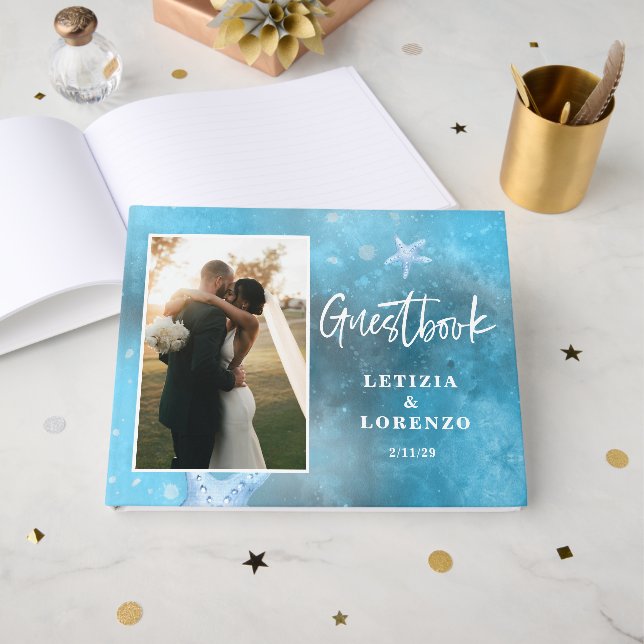 Libro de invitados de boda Estrella de Mar Azul Pr (Anverso Abierto)