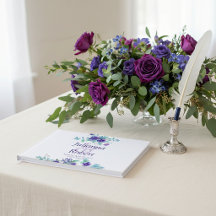Libro de invitados de boda floral acuarela púrpura
