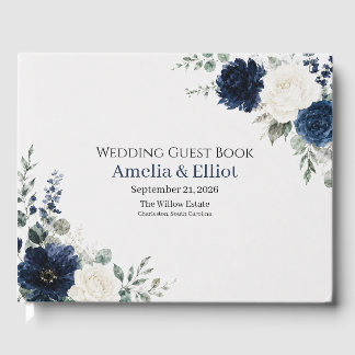 Libro de invitados de boda floral azul marino plat