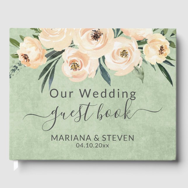 Libro de invitados de boda Floral Beige Verde (Anverso)
