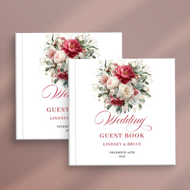 Libro de invitados de boda floral Boho Red Blush d (Garden Boho Red Blush Floral Wedding Guest Book)