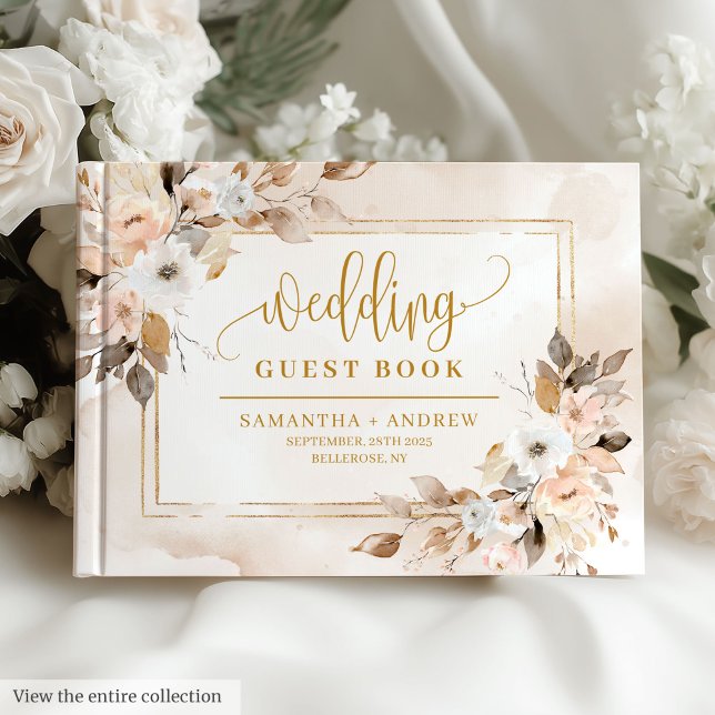 Libro de invitados de Boda floral Classic Ivory Go (Classic Ivory Gold Frame Floral Wedding Guest Book)