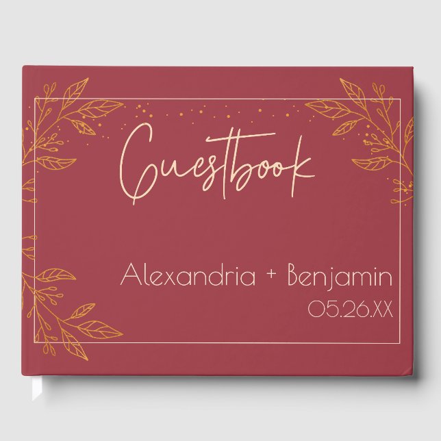 Libro de invitados de boda floral elegante rubí y  (Anverso)