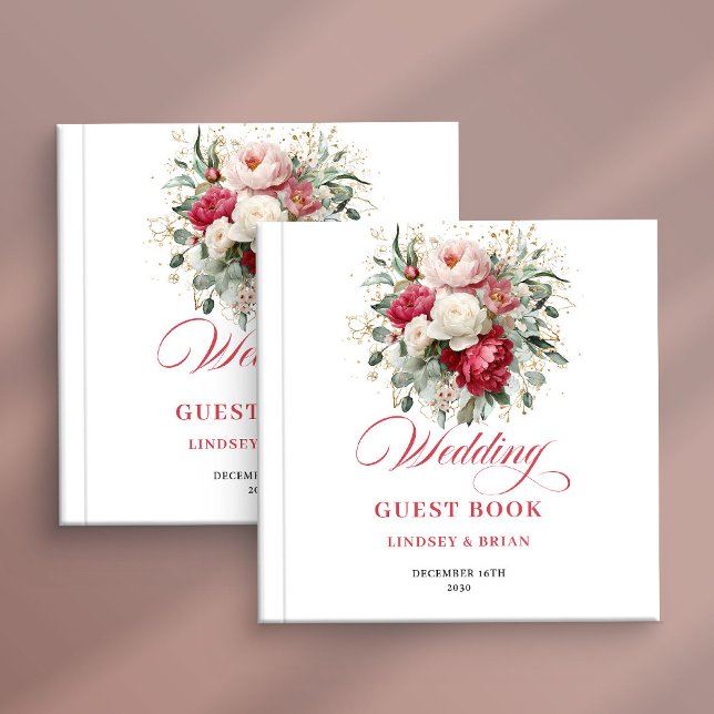 Libro de invitados de boda floral rojo blanco pers (Personalized Boho Red White Floral Wedding Guest Book)