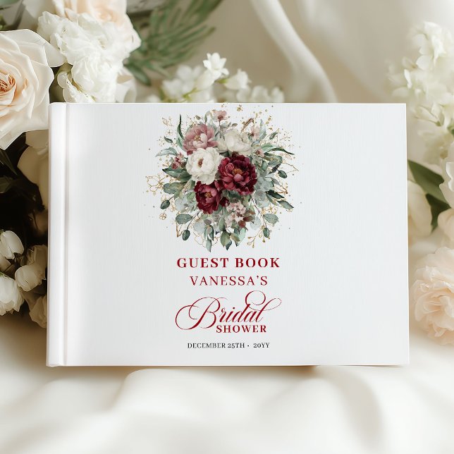 Libro de Invitados de Boda Floral Rojo Intenso Pre (Premium Deep Red Floral Bridal Shower Guest Book)