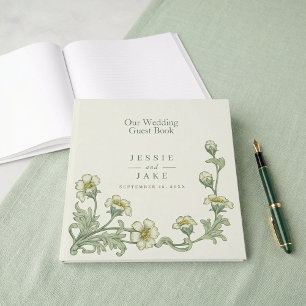 Libro de invitados de boda floral verde crema eleg