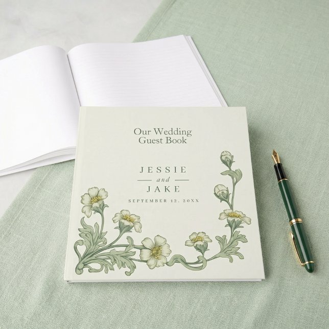 Libro de invitados de boda floral verde crema eleg (Elegant cream green floral wedding guest book)