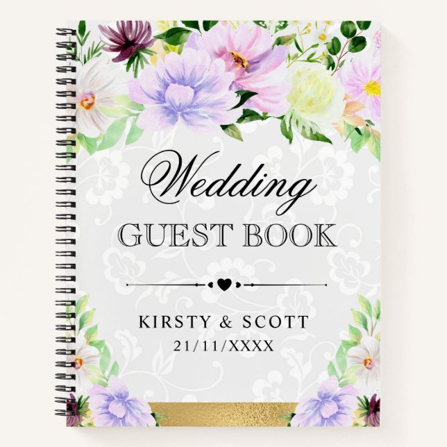 Libro de invitados de boda Flores de Crema Púrpura (Anverso)