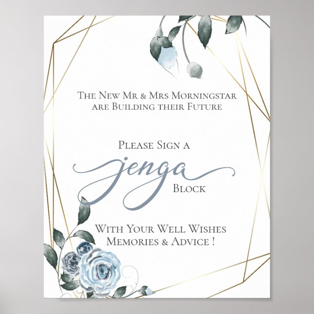 Libro de Invitados de Boda Jenga Señal Floral Azul (Frente)