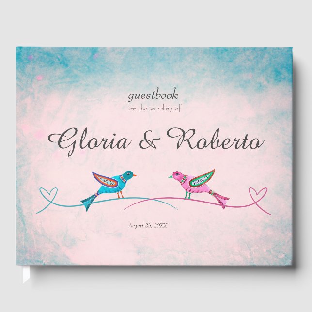 Libro de invitados de Boda Mexicano Blue Pink Love (Anverso)