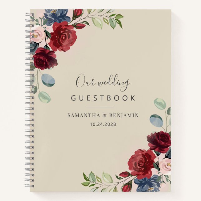 Libro de invitados de boda otoñal borgoña floral (Anverso)