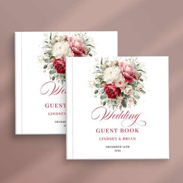 Libro de invitados de boda rústico de jardín con t (Garden Rustic Red Blush Wedding Guest Book)