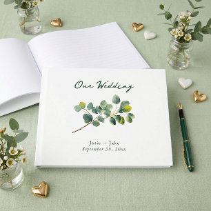 Libro de invitados de boda verde con rama de eucal