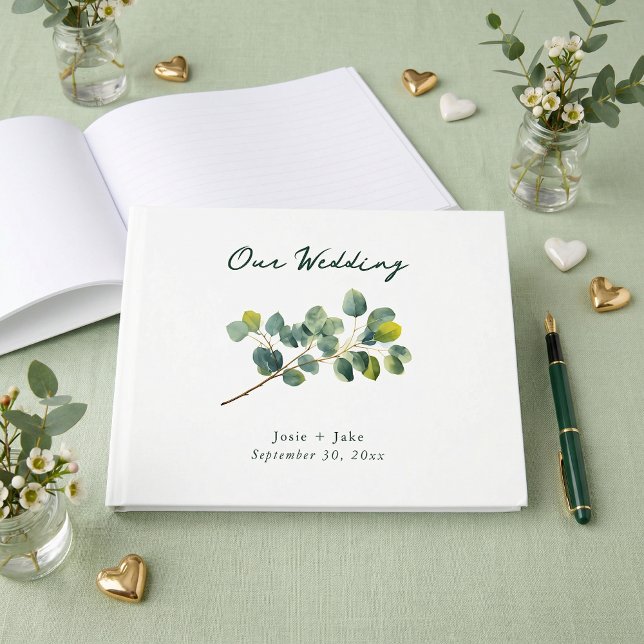 Libro de invitados de boda verde con rama de eucal (Eucalyptus branch green wedding guest book)