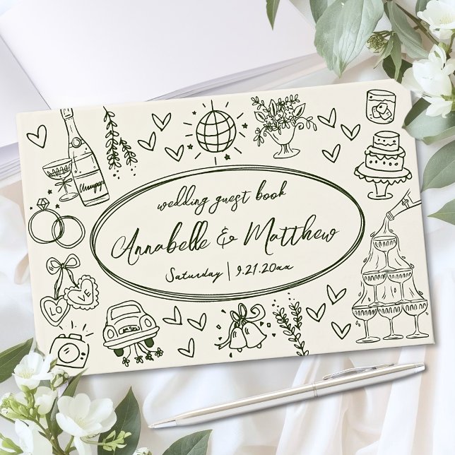 Libro de invitados de boda vintage verde dibujado  (Hand Drawn Vintage Green Wedding Guest Book )