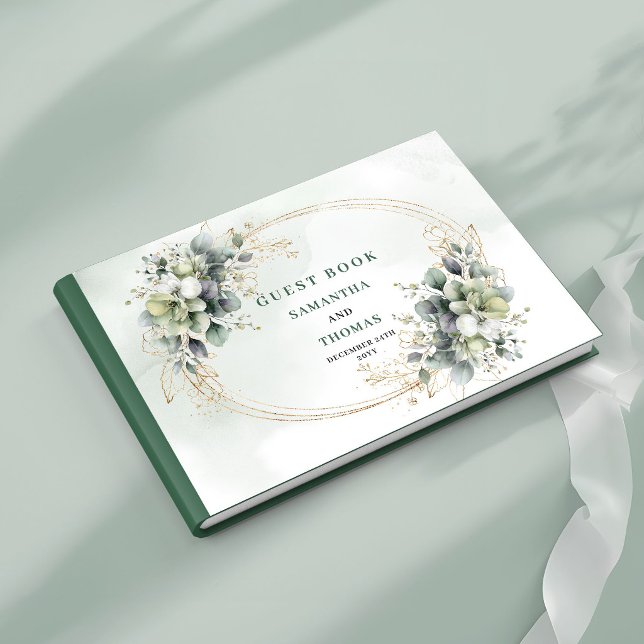 Libro de invitados de boda Watercolor Green Gold S (Watercolor Green Gold Sage Green Wedding Guest Book)