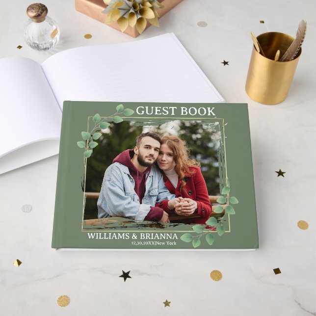 Libro de invitados de Bodas de fotografía verde Mi (Anverso Abierto)