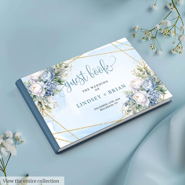 Libro de invitados de Bodas de oro blanco con flor (Classic Blue Flowers White Gold Wedding Guest Book

)