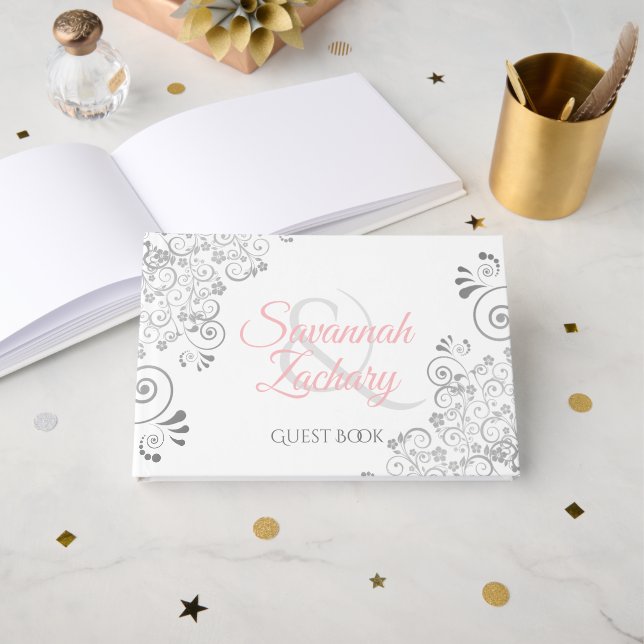 Libro de invitados de bodas rosa y gris elegante (Anverso Abierto)