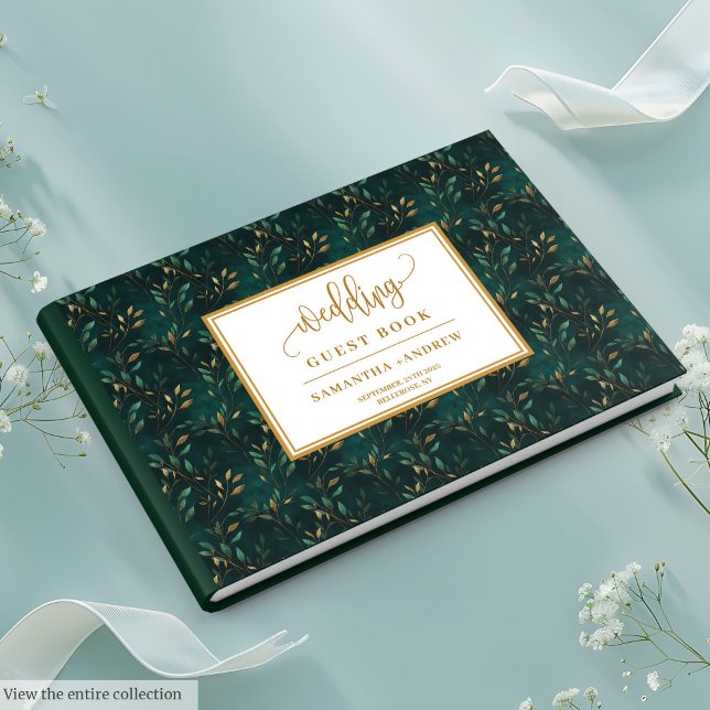 Libro de invitados de bodas sobre hojas de oro ver (Emerald green gold leaves wedding guest book for love

)