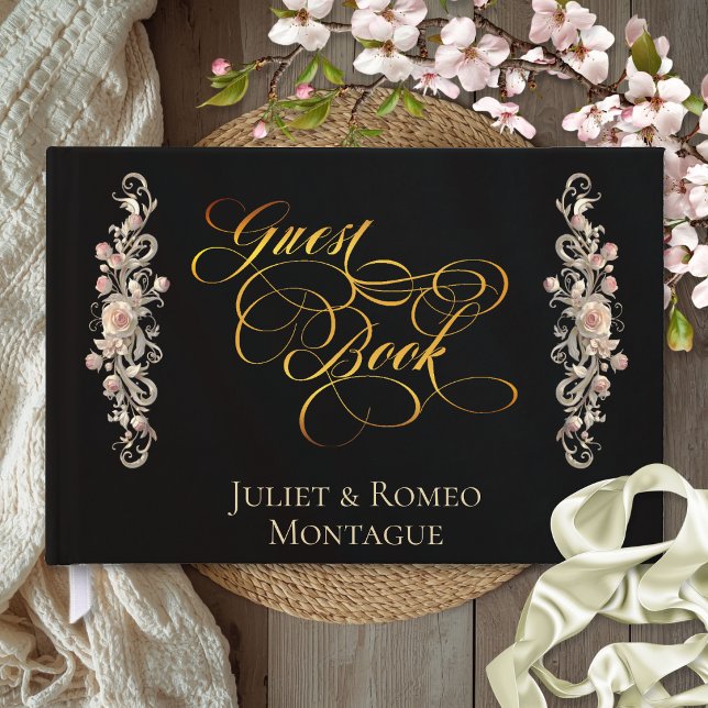 Libro de invitados de borde de rosa y monograma de (Subido por el creador)