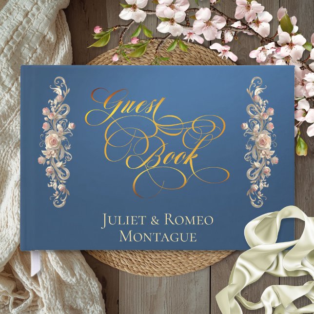 Libro de invitados de borde de rosa y monograma de (Subido por el creador)