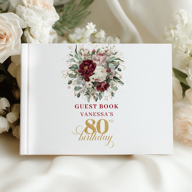 Libro de invitados de cumpleaños 80 de lujo borgoñ (Luxury Burgundy Floral 80th Birthday Guest Book)