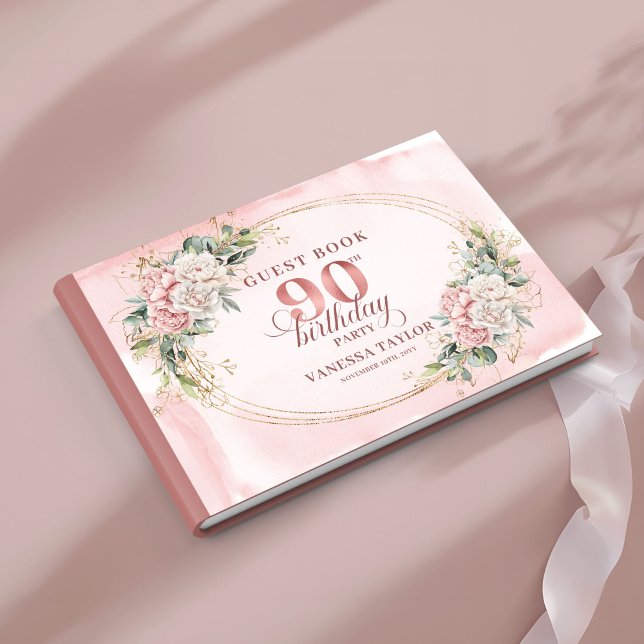 Libro de invitados de cumpleaños 90 sofisticado en (Sophisticated Blush Gold Eucalyptus 90th Guest Book)