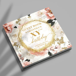 Libro de invitados de cumpleaños con flores de oro