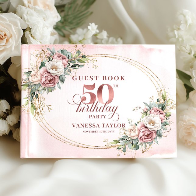 Libro de invitados de cumpleaños número 50 Chic Bo (Chic Botanical Blush 50th Birthday Guestbook)
