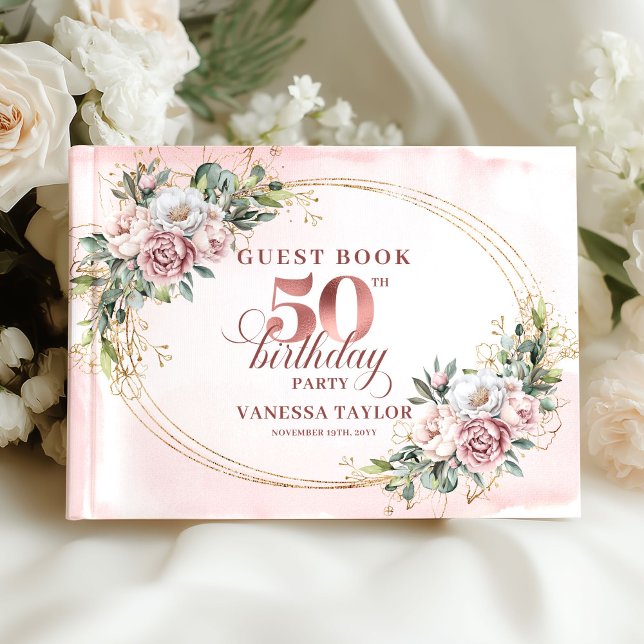 Libro de invitados de cumpleaños número 50 Classic (Classic Luxe Rose Gold 50th Birthday Guest Book)