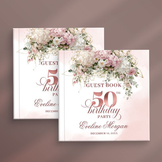 Libro de invitados de cumpleaños número 50 Elegant (Elegant Blush Greenery 50th Birthday Guest Book)