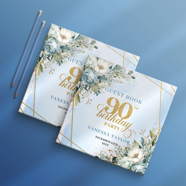 Libro de invitados de cumpleaños número 90 Radiant (Radiant Light Blue Gold 90th Birthday Guest Ledger)