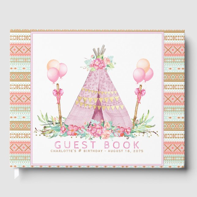 Libro de invitados de cumpleaños Teepee Tribal par (Anverso)