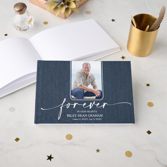 Libro de Invitados de Denim para Funeral con Foto  (Anverso Abierto)