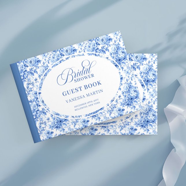 Libro de invitados de desayuno nupcial de rosas de (Stylish Navy Toile Roses Bridal Shower Guest Book

)